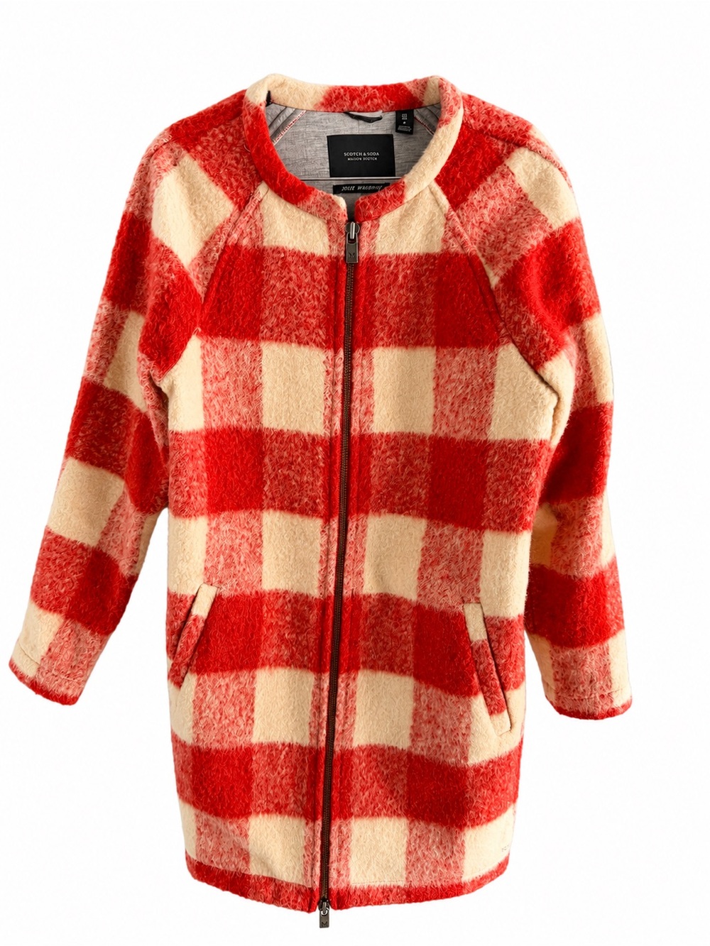 Maison Scotch Red & Cream Buffalo Check Boiled Wool-Blend Coat - Size 2